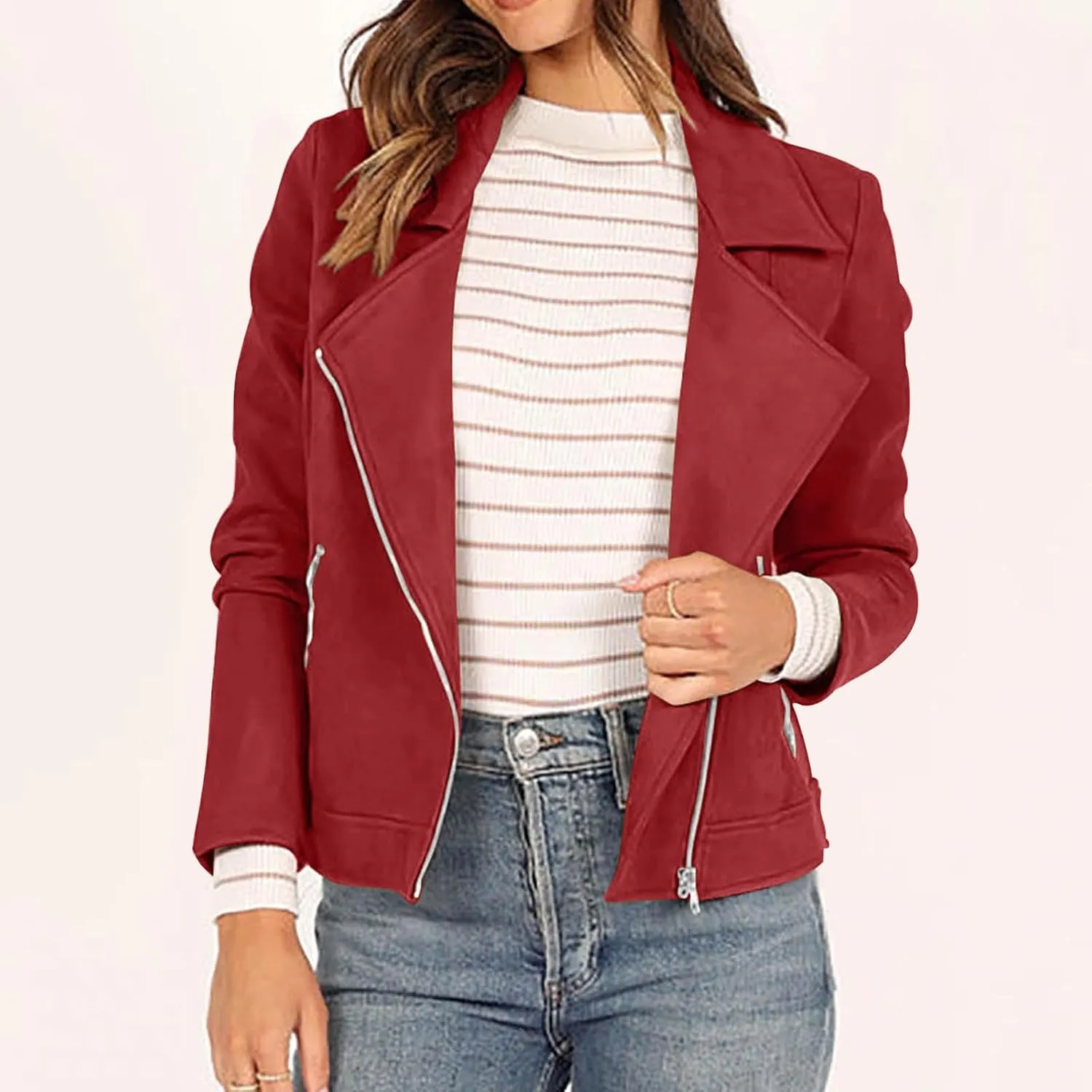 Lmdudan Womens Leather Jacket Faux Suede Biker Moto Coat 2023 Fashion Long Sleeve Zipped Notch Collar Outwear Solid Color Top