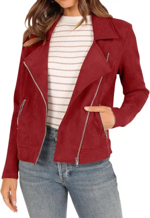Lmdudan Womens Leather Jacket Faux Suede Biker Moto Coat 2023 Fashion Long Sleeve Zipped Notch Collar Outwear Solid Color Top