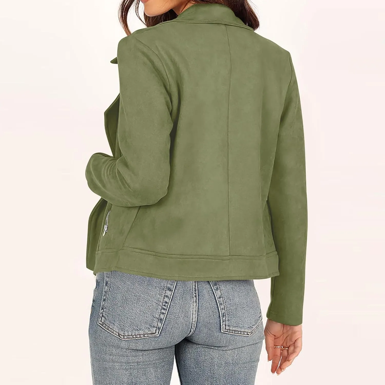 Lmdudan Womens Leather Jacket Faux Suede Biker Moto Coat 2023 Fashion Long Sleeve Zipped Notch Collar Outwear Solid Color Top