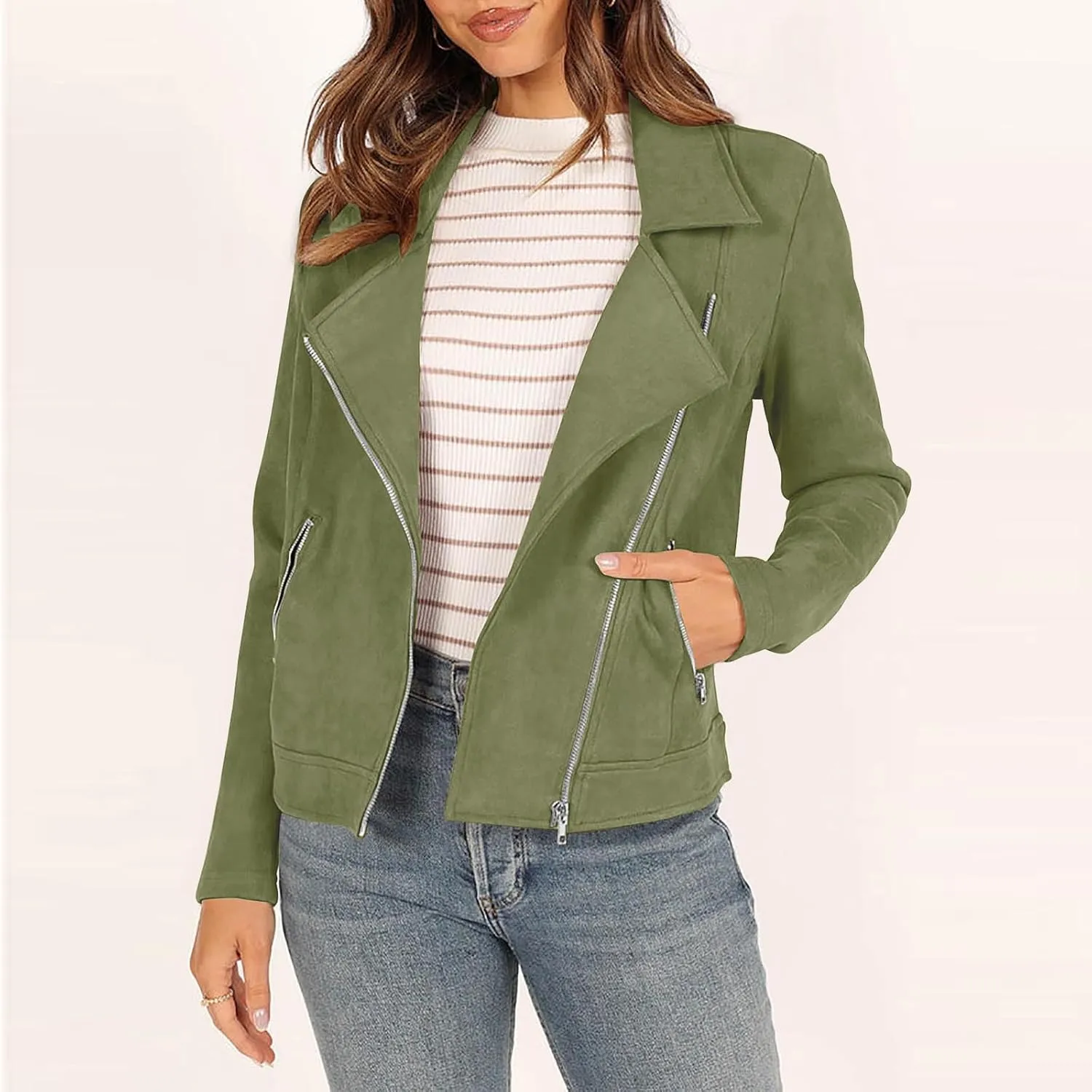 Lmdudan Womens Leather Jacket Faux Suede Biker Moto Coat 2023 Fashion Long Sleeve Zipped Notch Collar Outwear Solid Color Top