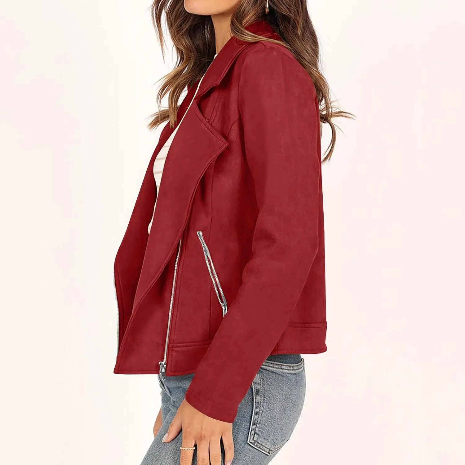 Lmdudan Womens Leather Jacket Faux Suede Biker Moto Coat 2023 Fashion Long Sleeve Zipped Notch Collar Outwear Solid Color Top