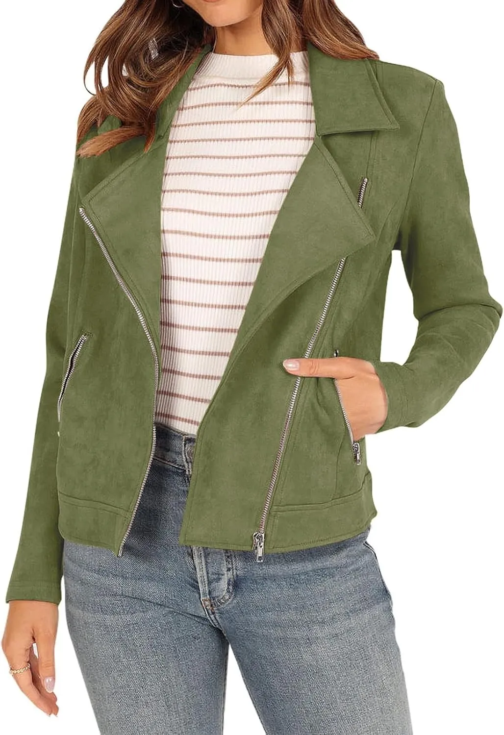 Lmdudan Womens Leather Jacket Faux Suede Biker Moto Coat 2023 Fashion Long Sleeve Zipped Notch Collar Outwear Solid Color Top