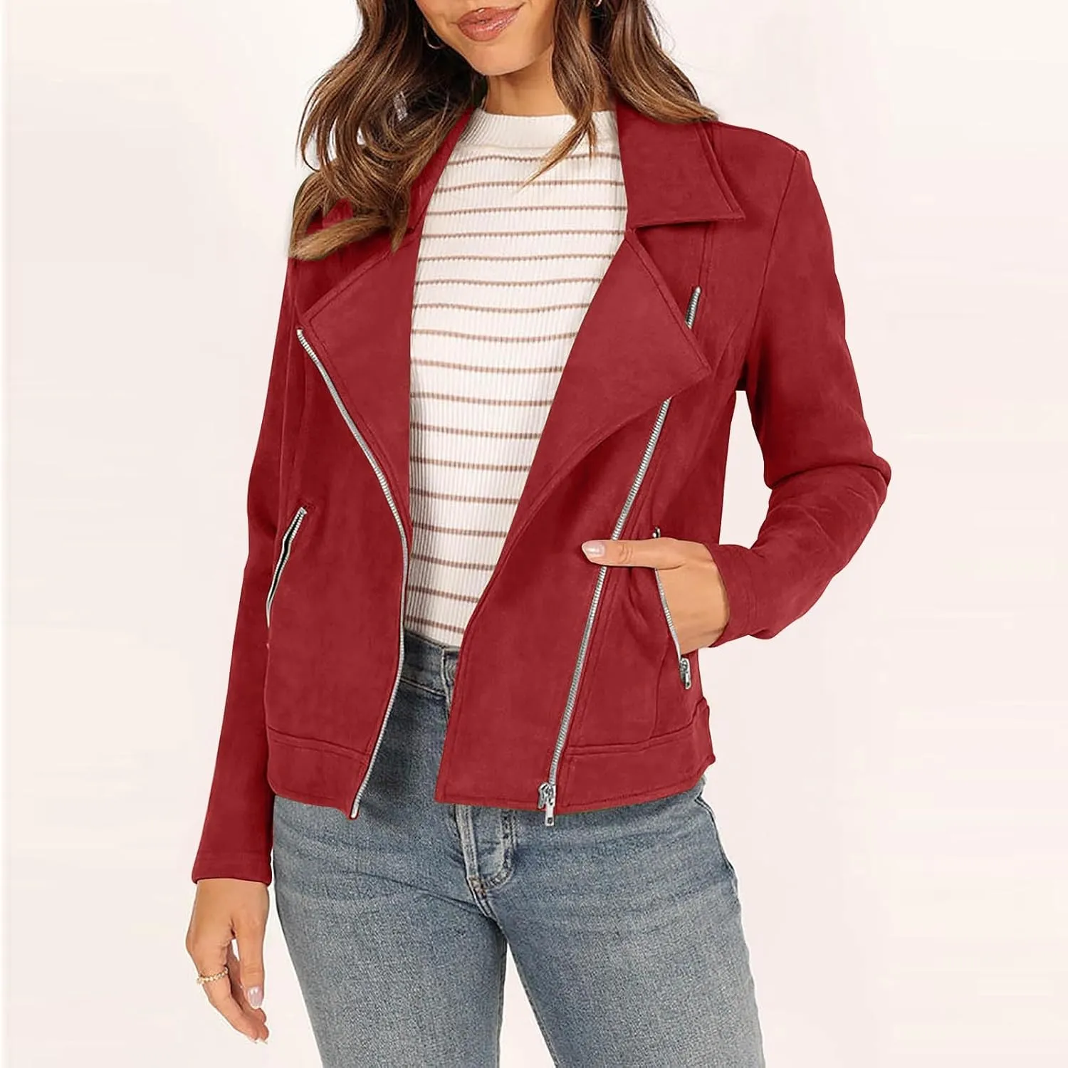 Lmdudan Womens Leather Jacket Faux Suede Biker Moto Coat 2023 Fashion Long Sleeve Zipped Notch Collar Outwear Solid Color Top