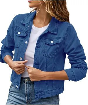 Lmdudan Women's Long Sleeve Button Down Wash Denim Jacket Ladies Retro Western Jean Jacket Winter Fall Coat Tops & Pockets