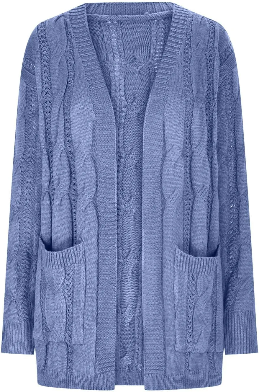 Lmdudan Women's Open Front Long Cardigan Sweaters 2023 Fashion Solid Color Chunky Knit Cable Sweater Winter Coats with Pocket