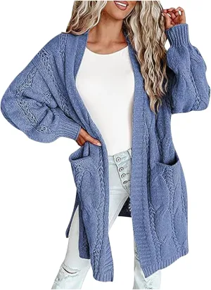 Lmdudan Women's Open Front Long Cardigan Sweaters 2023 Fashion Solid Color Chunky Knit Cable Sweater Winter Coats with Pocket