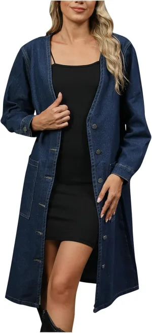 Long Denim Jacket Women Oversized Denim Trench Coat Button Down Shacket Jacket Casual Long Sleeve Denim Jean Jacket