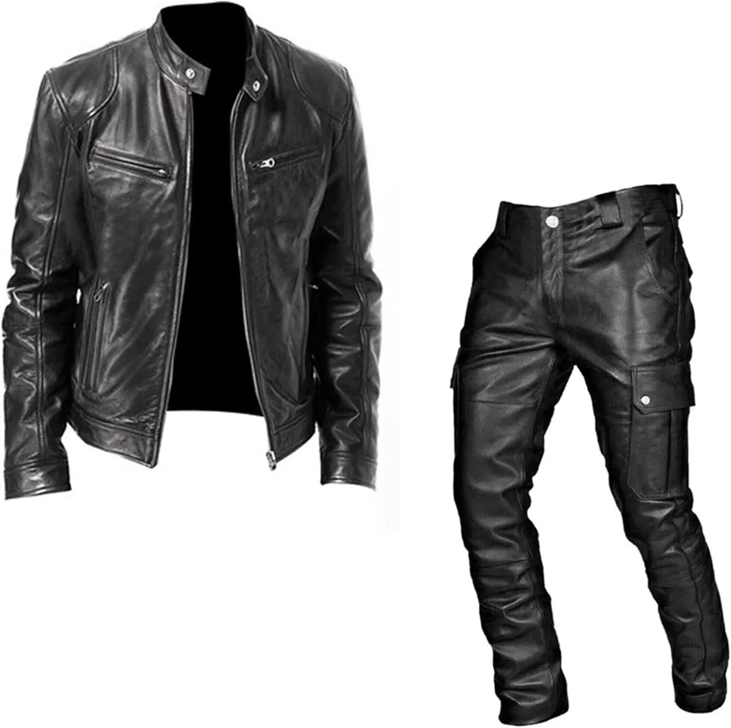 Long Retro Slim Men's Pants Autumn/Winter Punk Casual Suit Leather Leather Pants Two Piece Suit Suit Inner