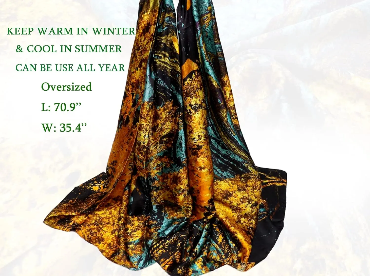Long Silk Scarf Summer Lightweight Satin Shawl Outdoor Floral Large Wrap 70''X35''