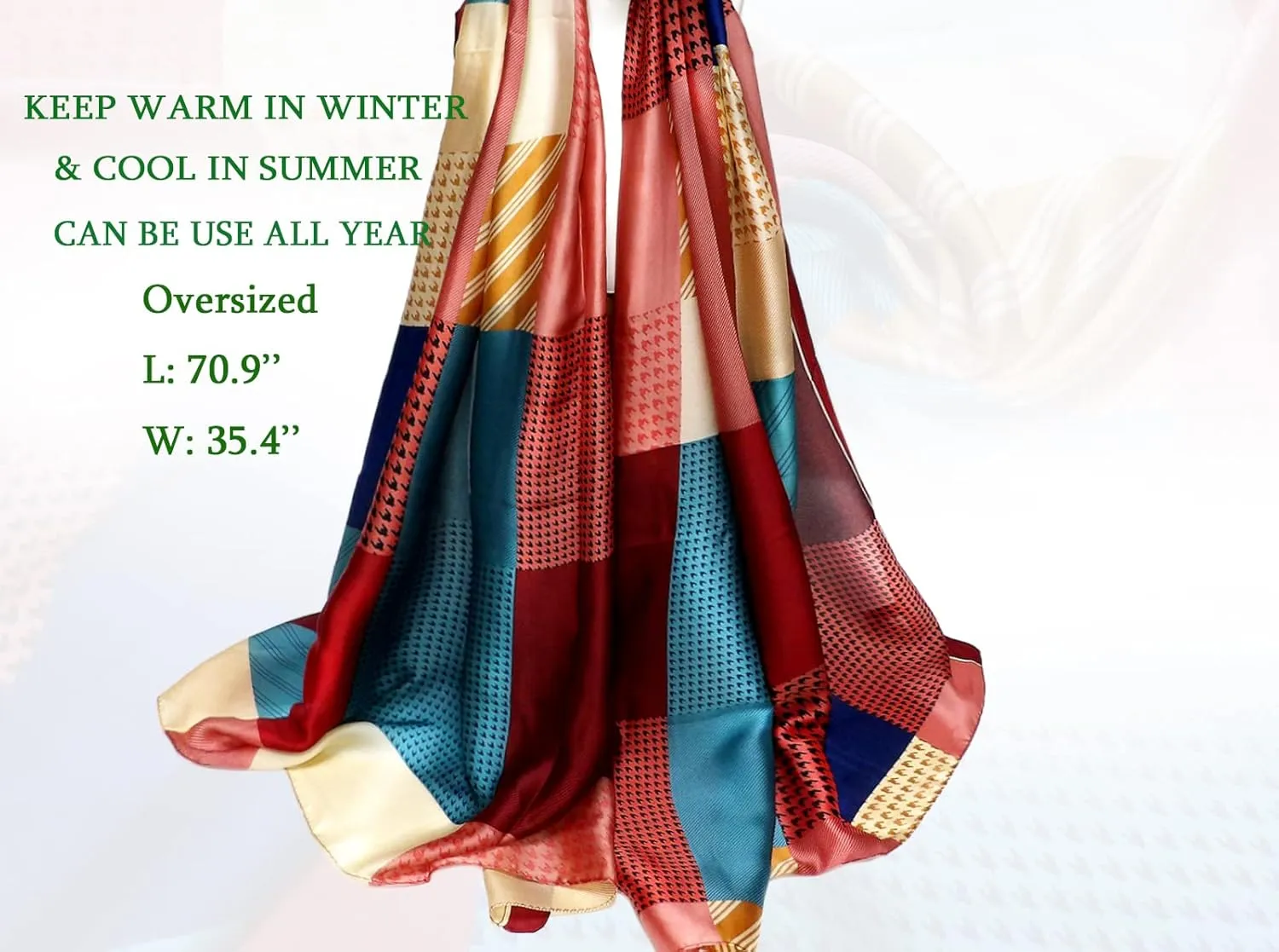 Long Silk Scarf Summer Lightweight Satin Shawl Outdoor Floral Large Wrap 70''X35''