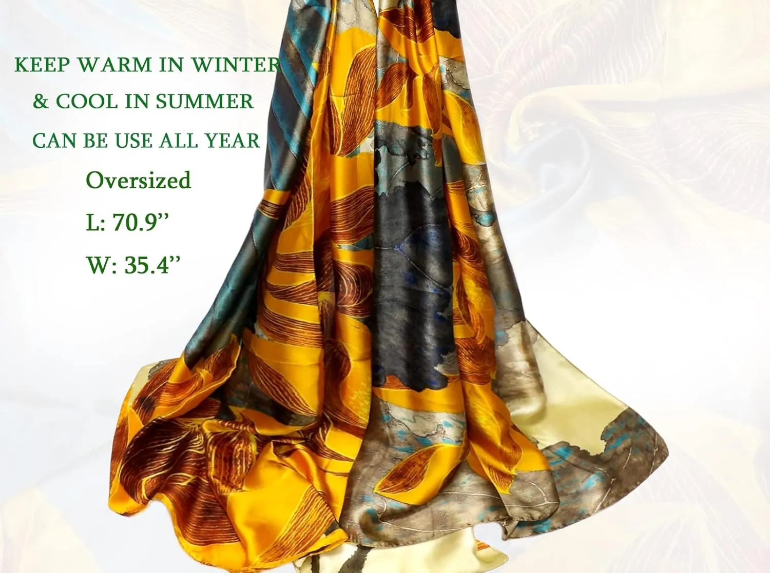 Long Silk Scarf Summer Lightweight Satin Shawl Outdoor Floral Large Wrap 70''X35''