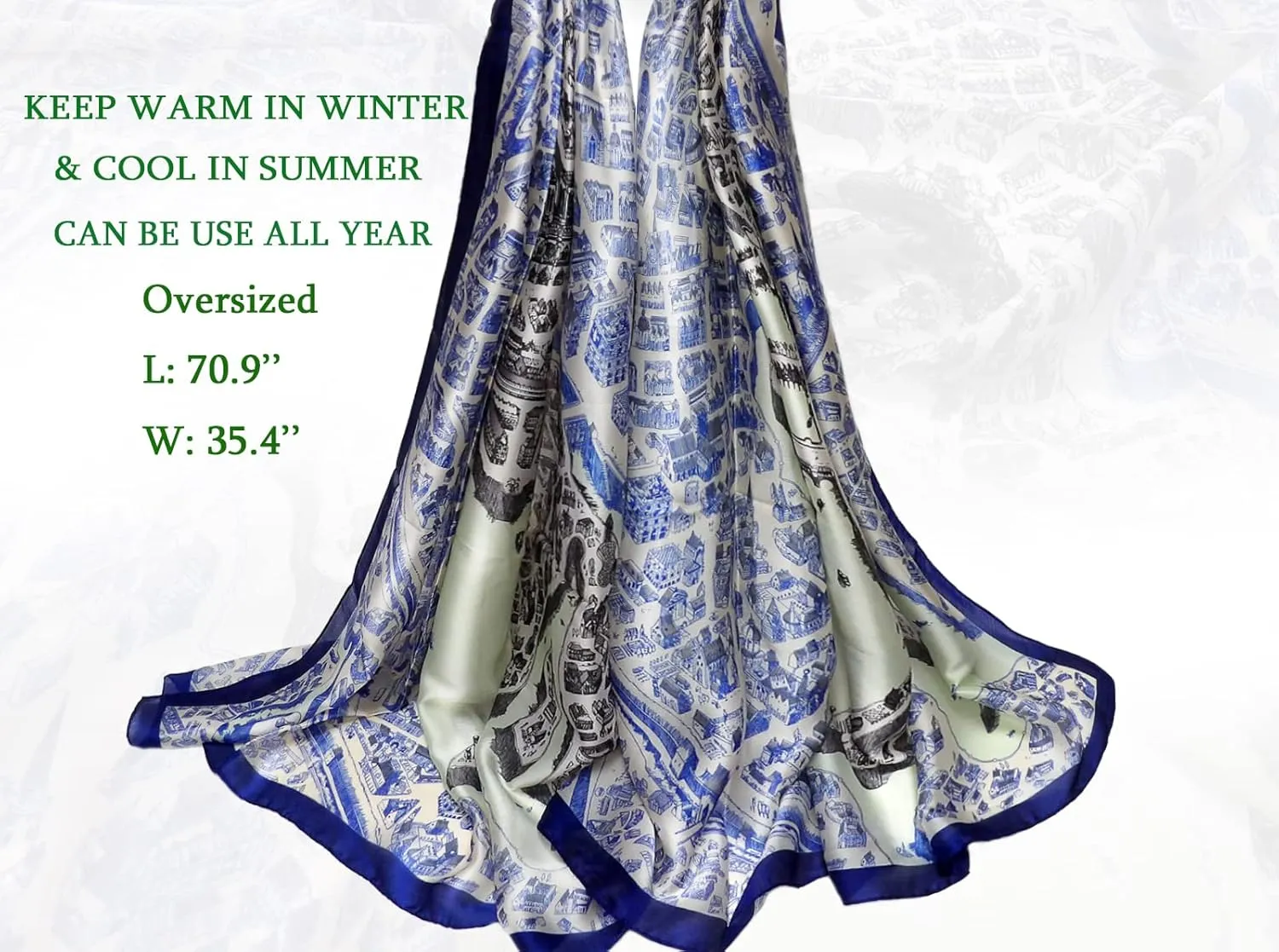 Long Silk Scarf Summer Lightweight Satin Shawl Outdoor Floral Large Wrap 70''X35''