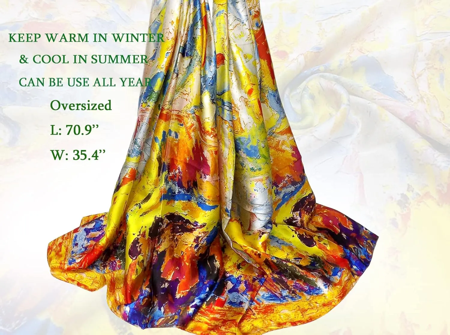 Long Silk Scarf Summer Lightweight Satin Shawl Outdoor Floral Large Wrap 70''X35''