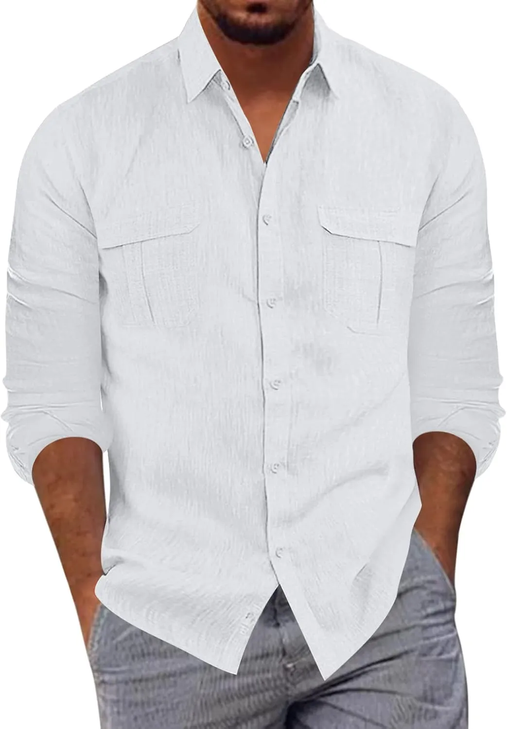 Long Sleeve Shirt Men Lapel Cotton Solid Color Pocket Long Sleeve Shirt Top Long Sleeve Shirt Mens Casual Shirts