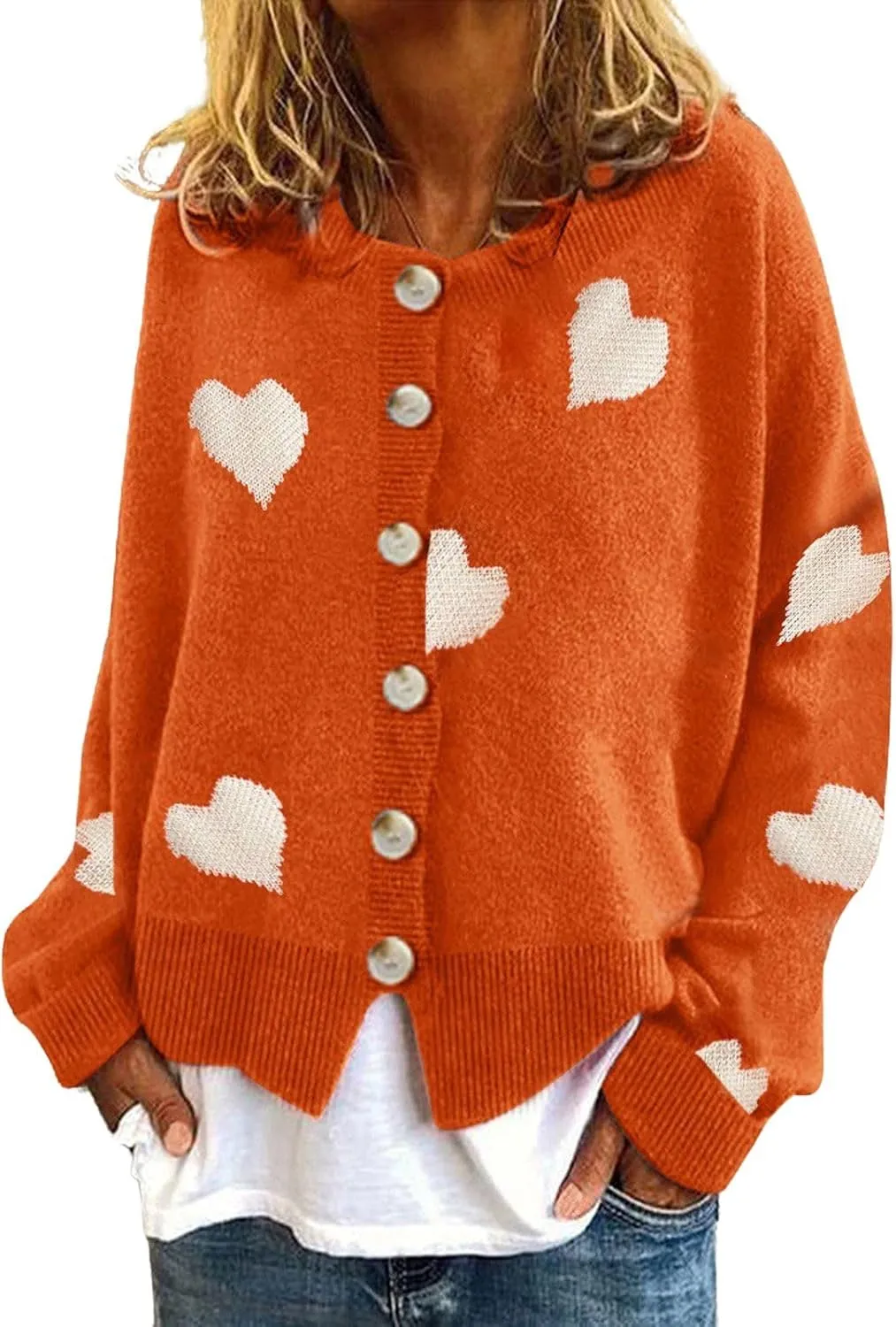 loveimgs Women Chunky Knit Cardigan Sweater Button Up Heart Sweater Jacket Patterned Color Block Knitted Crop Cardigan