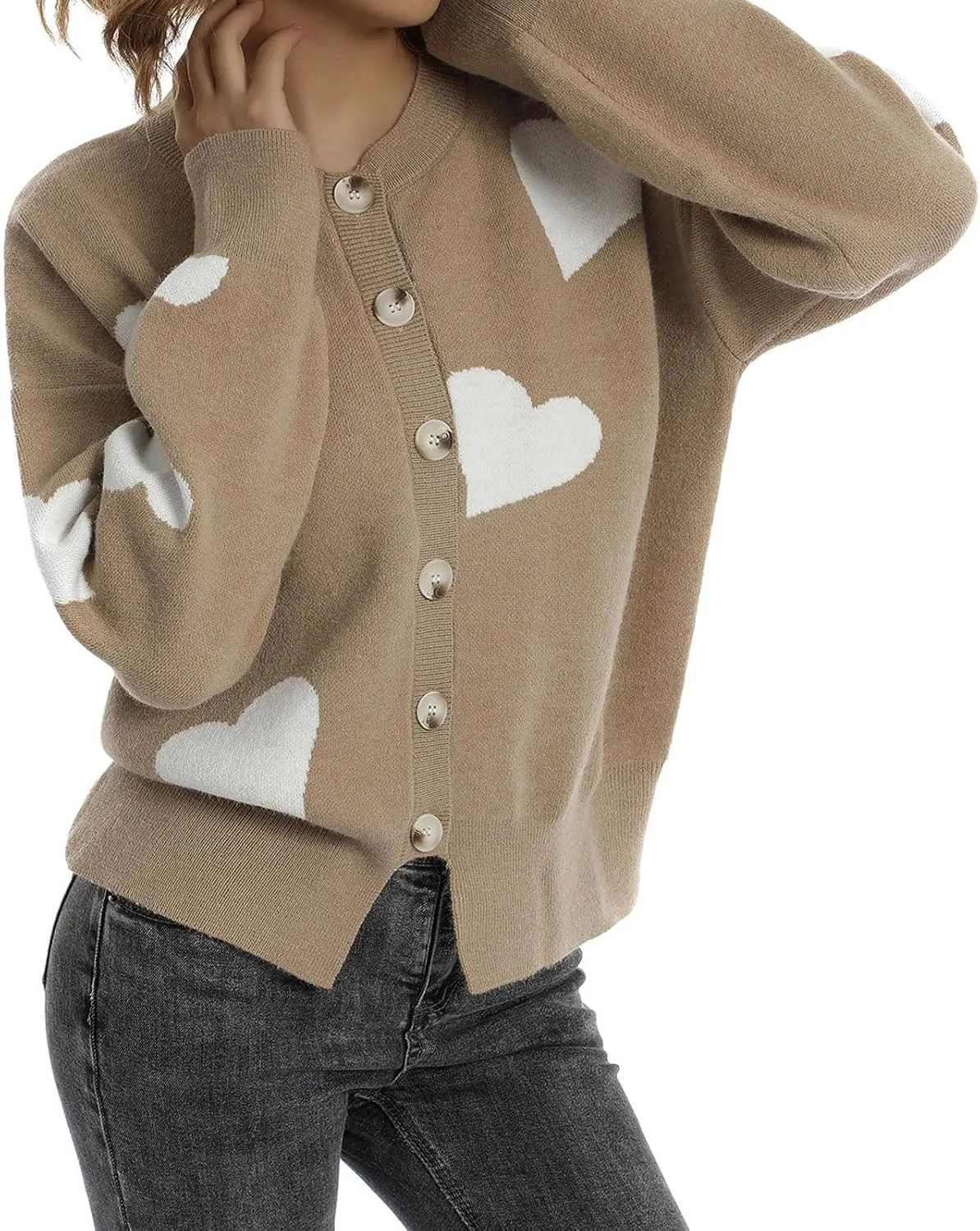 loveimgs Women Chunky Knit Cardigan Sweater Button Up Heart Sweater Jacket Patterned Color Block Knitted Crop Cardigan