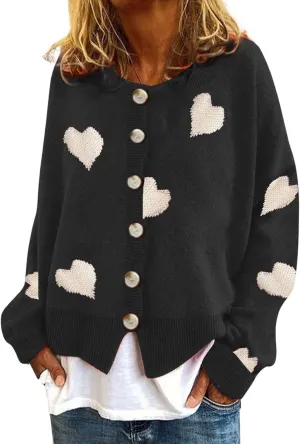 loveimgs Women Chunky Knit Cardigan Sweater Button Up Heart Sweater Jacket Patterned Color Block Knitted Crop Cardigan