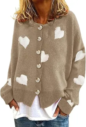 loveimgs Women Chunky Knit Cardigan Sweater Button Up Heart Sweater Jacket Patterned Color Block Knitted Crop Cardigan