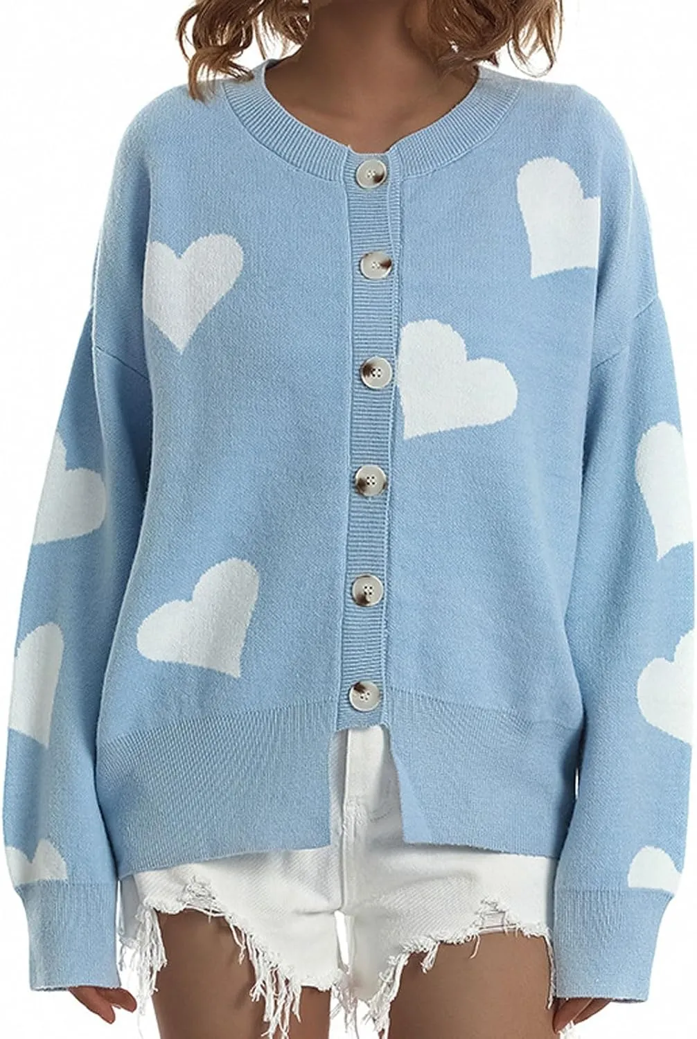 loveimgs Women Chunky Knit Cardigan Sweater Button Up Heart Sweater Jacket Patterned Color Block Knitted Crop Cardigan