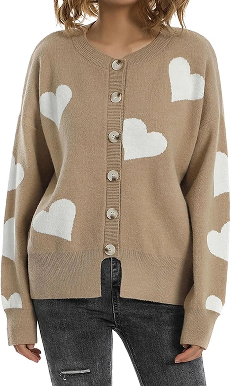 loveimgs Women Chunky Knit Cardigan Sweater Button Up Heart Sweater Jacket Patterned Color Block Knitted Crop Cardigan
