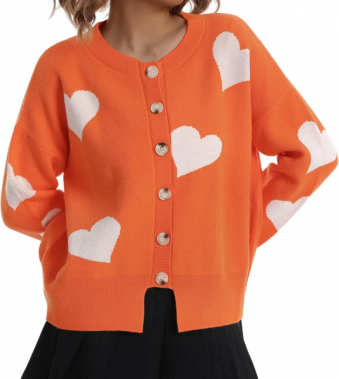 loveimgs Women Chunky Knit Cardigan Sweater Button Up Heart Sweater Jacket Patterned Color Block Knitted Crop Cardigan