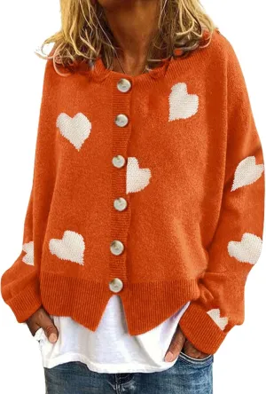 loveimgs Women Chunky Knit Cardigan Sweater Button Up Heart Sweater Jacket Patterned Color Block Knitted Crop Cardigan
