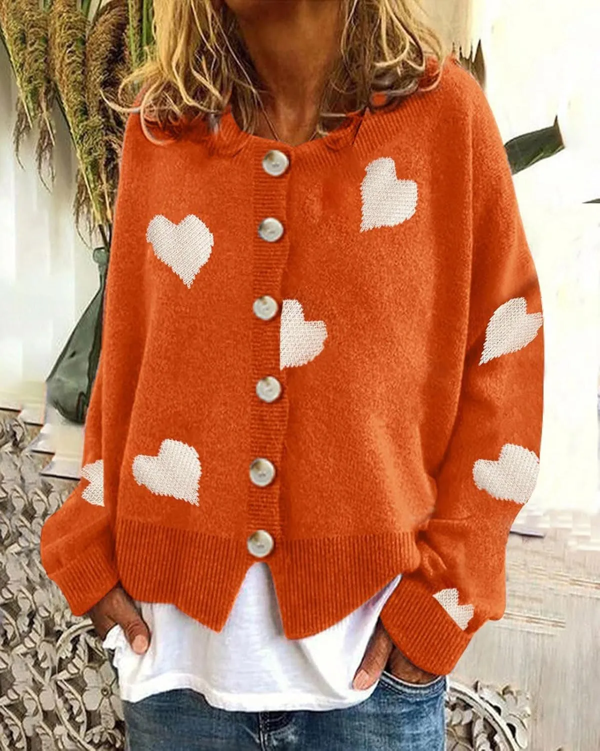 loveimgs Women Chunky Knit Cardigan Sweater Button Up Heart Sweater Jacket Patterned Color Block Knitted Crop Cardigan