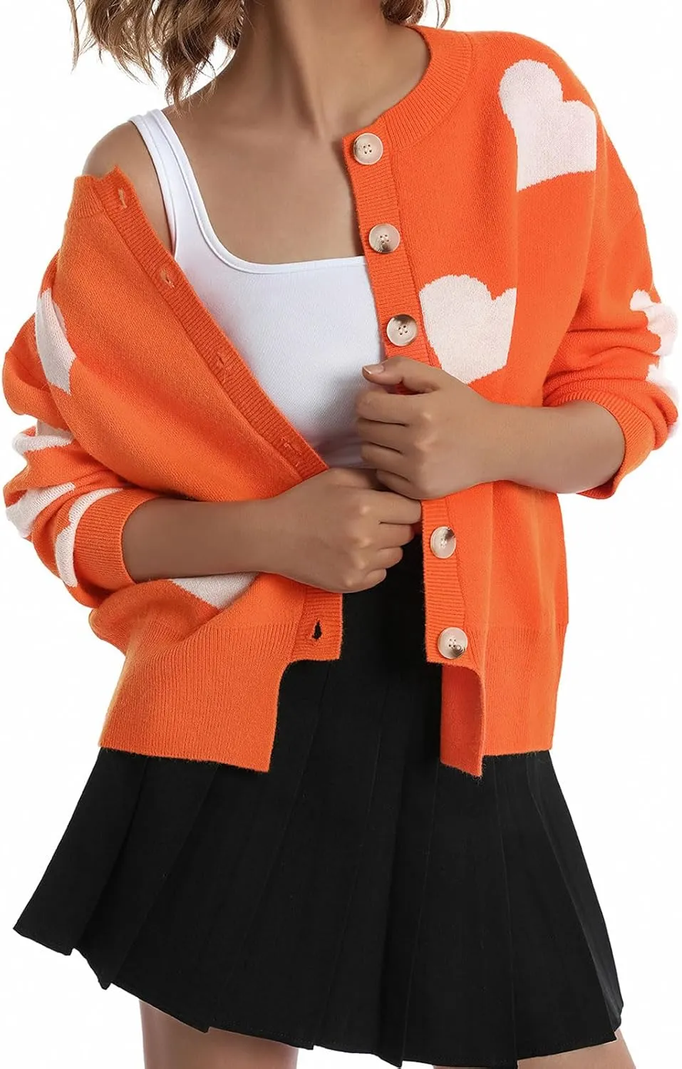 loveimgs Women Chunky Knit Cardigan Sweater Button Up Heart Sweater Jacket Patterned Color Block Knitted Crop Cardigan