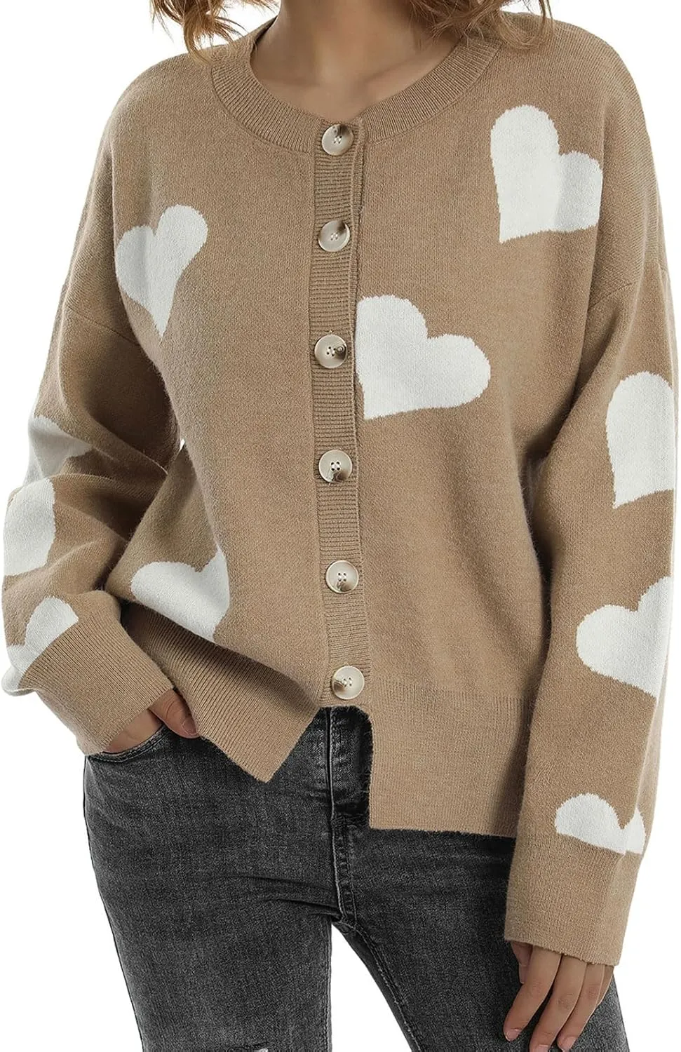 loveimgs Women Chunky Knit Cardigan Sweater Button Up Heart Sweater Jacket Patterned Color Block Knitted Crop Cardigan