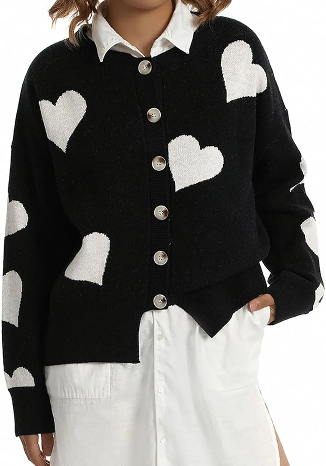 loveimgs Women Chunky Knit Cardigan Sweater Button Up Heart Sweater Jacket Patterned Color Block Knitted Crop Cardigan
