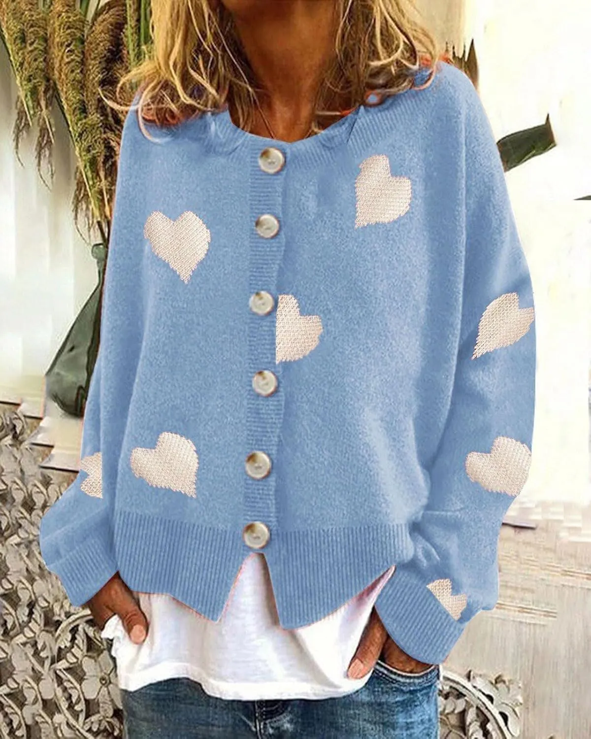 loveimgs Women Chunky Knit Cardigan Sweater Button Up Heart Sweater Jacket Patterned Color Block Knitted Crop Cardigan