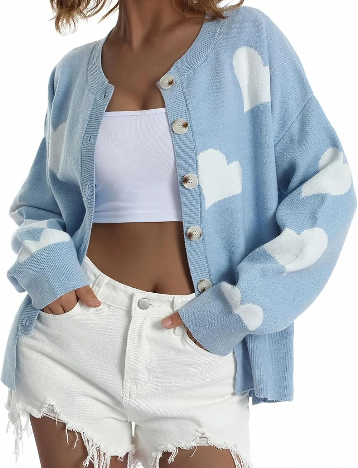 loveimgs Women Chunky Knit Cardigan Sweater Button Up Heart Sweater Jacket Patterned Color Block Knitted Crop Cardigan