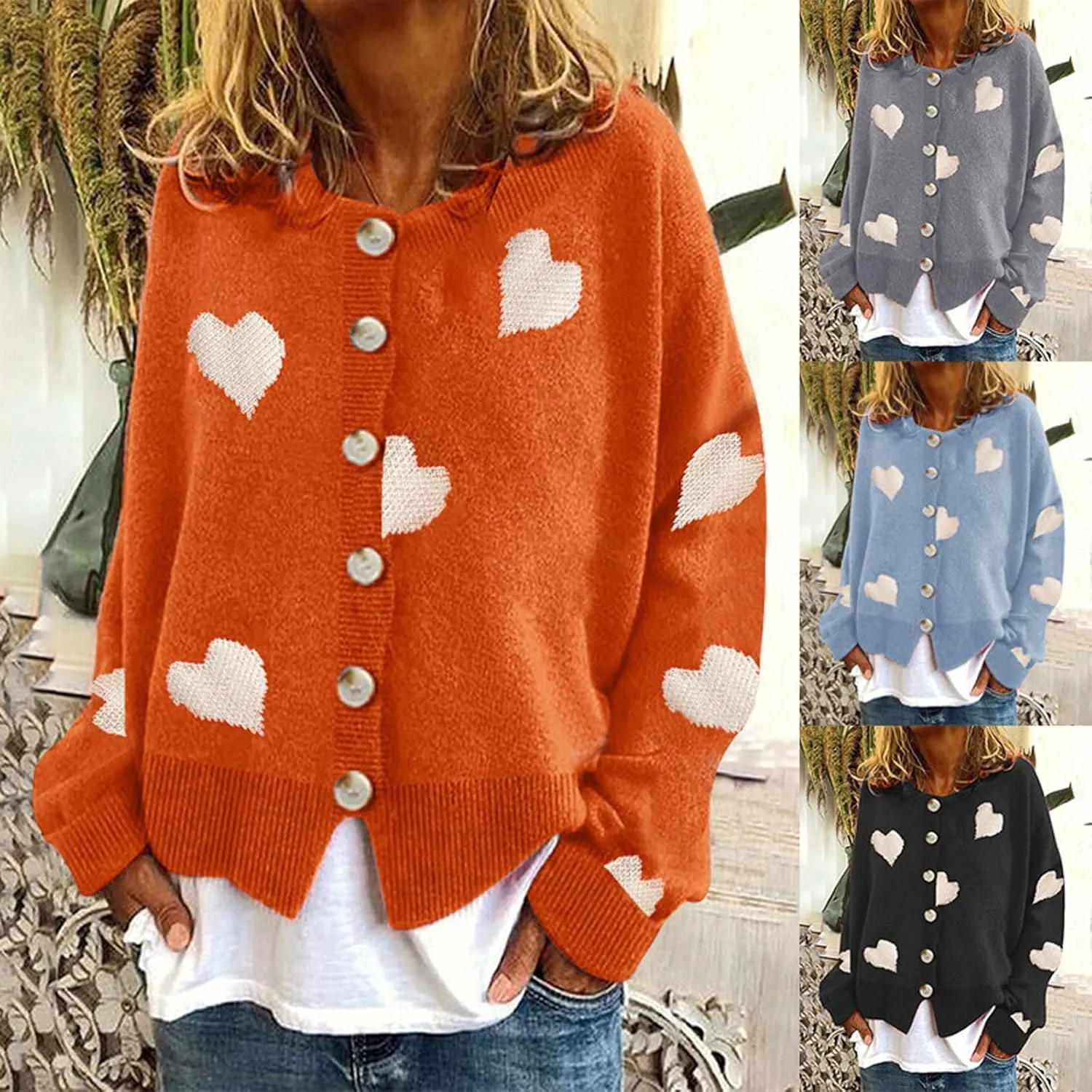 loveimgs Women Chunky Knit Cardigan Sweater Button Up Heart Sweater Jacket Patterned Color Block Knitted Crop Cardigan
