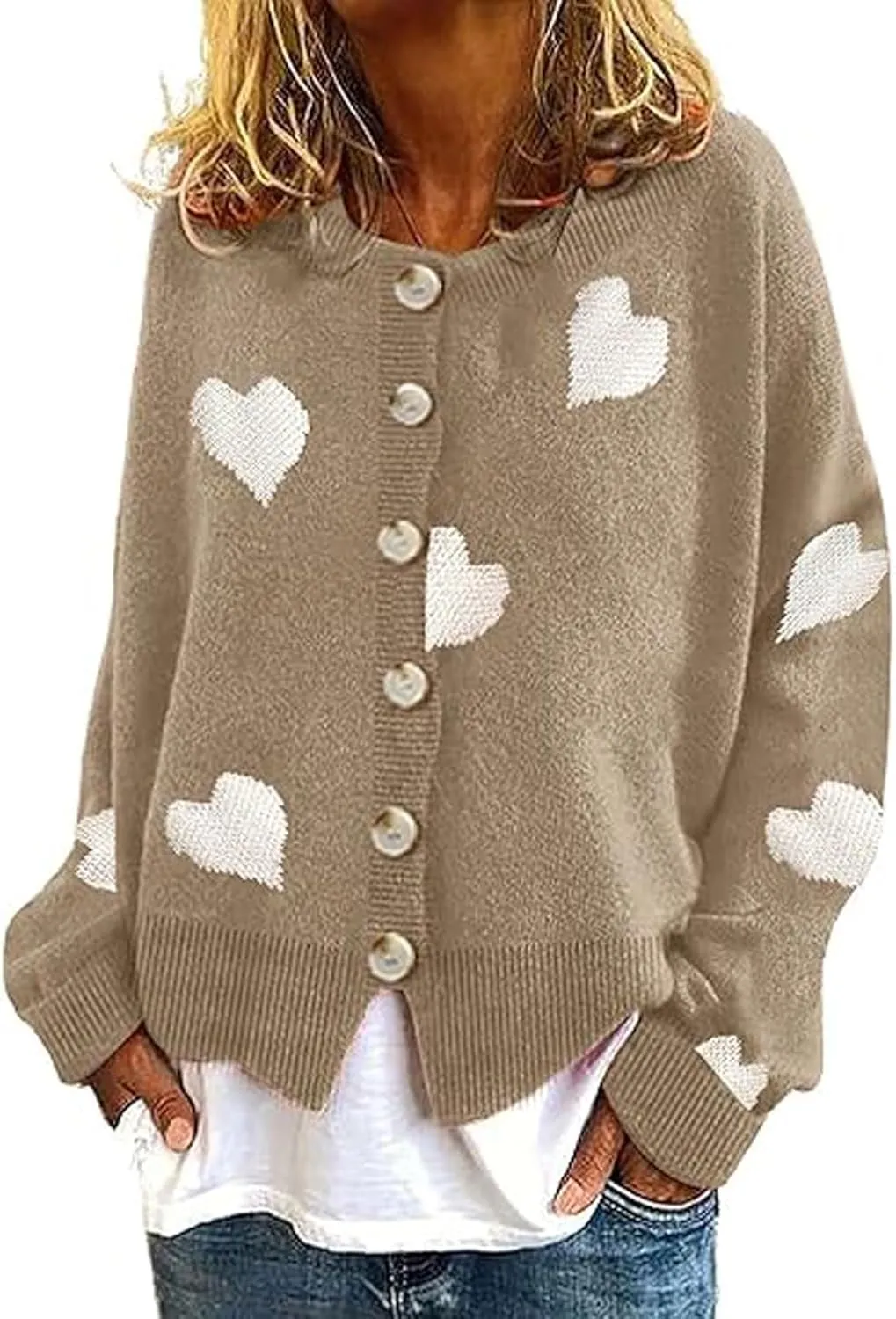loveimgs Women Chunky Knit Cardigan Sweater Button Up Heart Sweater Jacket Patterned Color Block Knitted Crop Cardigan