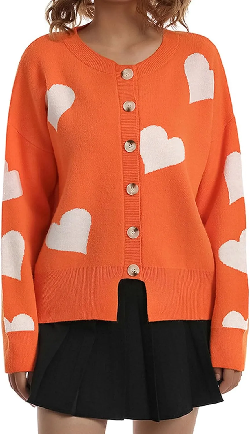 loveimgs Women Chunky Knit Cardigan Sweater Button Up Heart Sweater Jacket Patterned Color Block Knitted Crop Cardigan