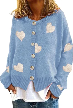 loveimgs Women Chunky Knit Cardigan Sweater Button Up Heart Sweater Jacket Patterned Color Block Knitted Crop Cardigan