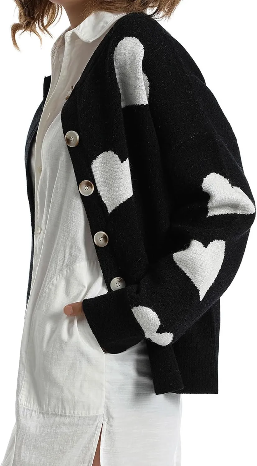 loveimgs Women Chunky Knit Cardigan Sweater Button Up Heart Sweater Jacket Patterned Color Block Knitted Crop Cardigan