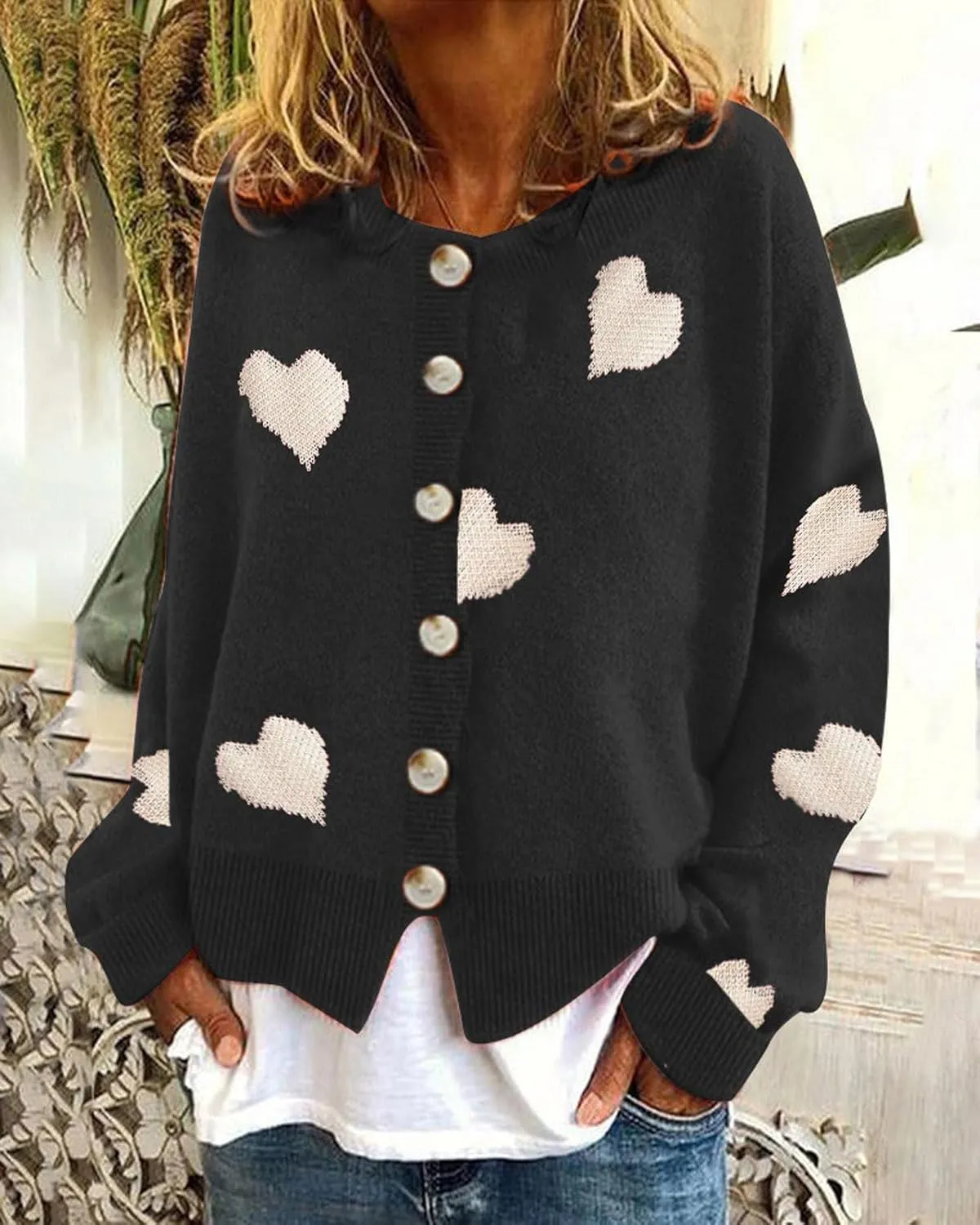 loveimgs Women Chunky Knit Cardigan Sweater Button Up Heart Sweater Jacket Patterned Color Block Knitted Crop Cardigan