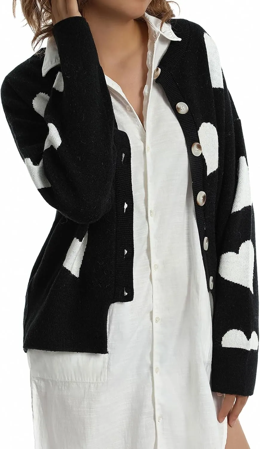 loveimgs Women Chunky Knit Cardigan Sweater Button Up Heart Sweater Jacket Patterned Color Block Knitted Crop Cardigan