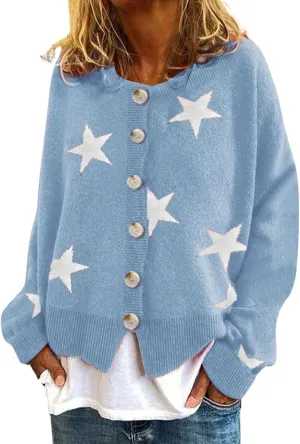 loveimgs Women Color Block Button Down Star Sweater Chunky Knit Sweater Cardigan Fall Jacket Knitted Crop Cardigan
