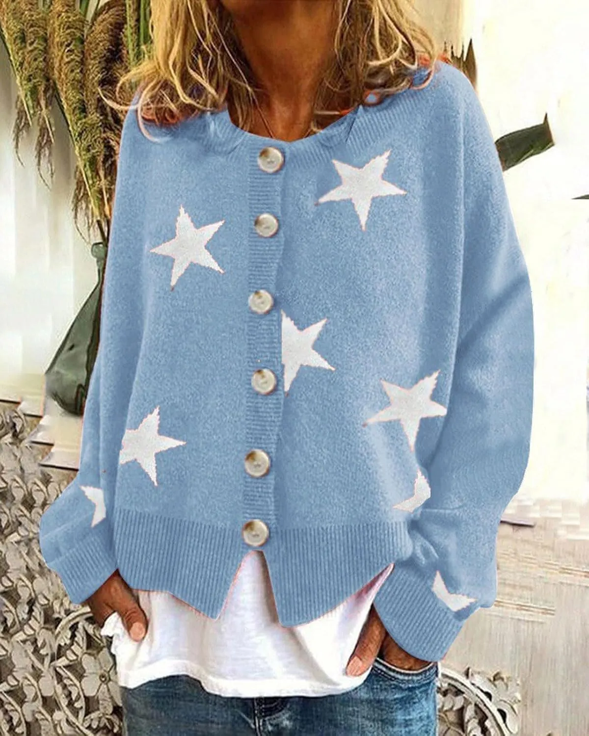 loveimgs Women Color Block Button Down Star Sweater Chunky Knit Sweater Cardigan Fall Jacket Knitted Crop Cardigan