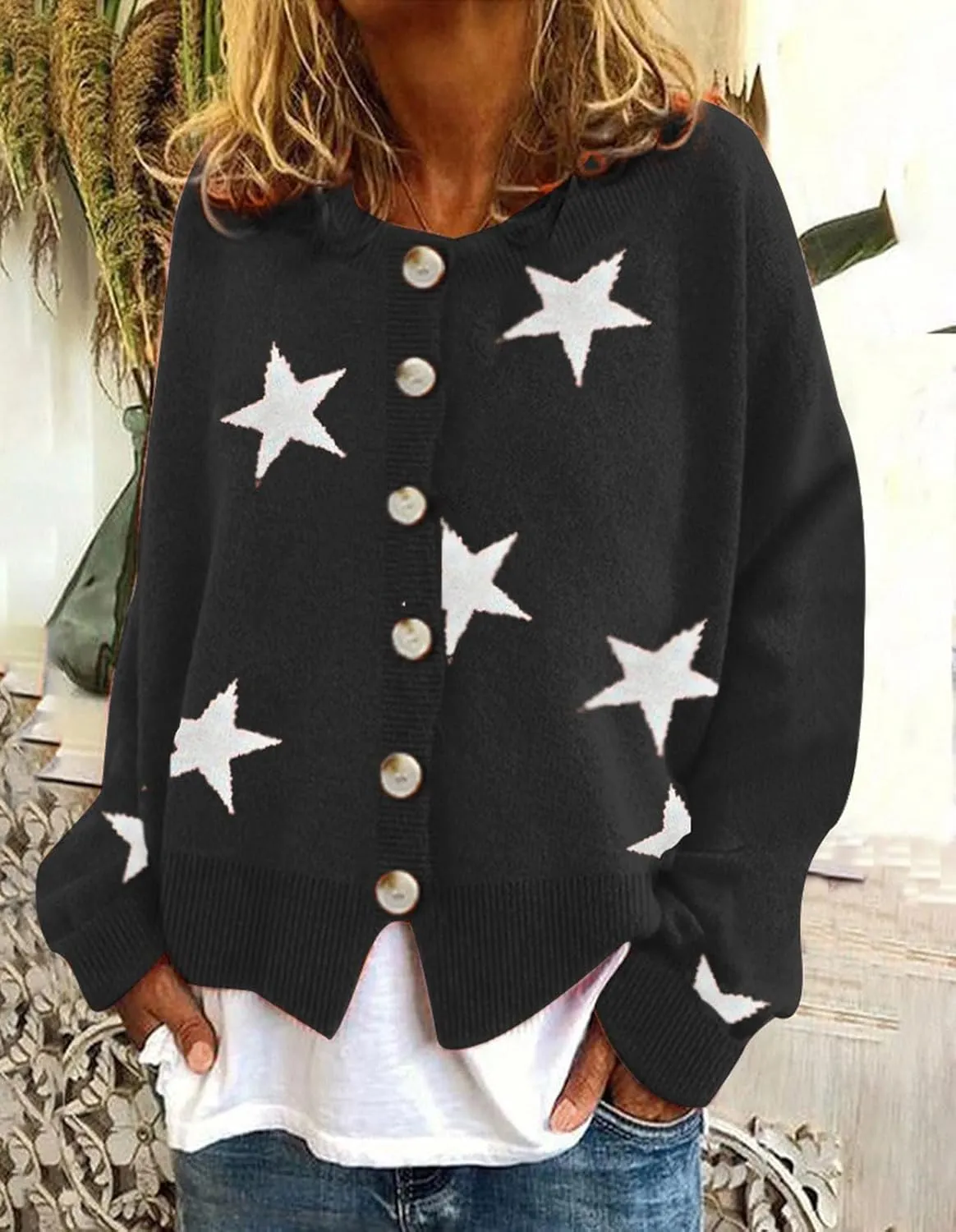 loveimgs Women Color Block Button Down Star Sweater Chunky Knit Sweater Cardigan Fall Jacket Knitted Crop Cardigan