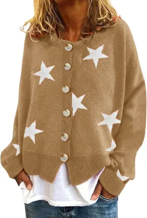 loveimgs Women Color Block Button Down Star Sweater Chunky Knit Sweater Cardigan Fall Jacket Knitted Crop Cardigan