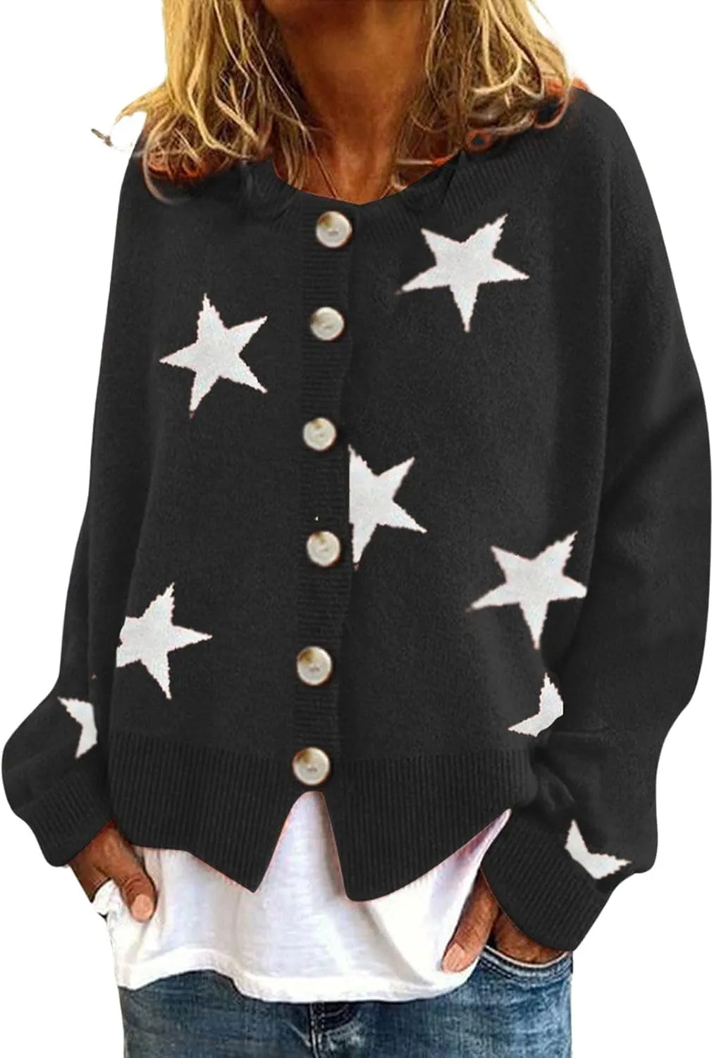 loveimgs Women Color Block Button Down Star Sweater Chunky Knit Sweater Cardigan Fall Jacket Knitted Crop Cardigan