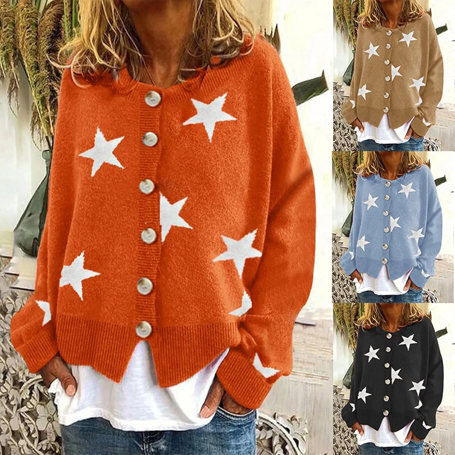 loveimgs Women Color Block Button Down Star Sweater Chunky Knit Sweater Cardigan Fall Jacket Knitted Crop Cardigan