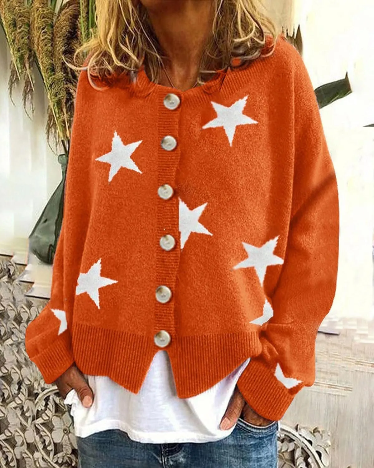 loveimgs Women Color Block Button Down Star Sweater Chunky Knit Sweater Cardigan Fall Jacket Knitted Crop Cardigan