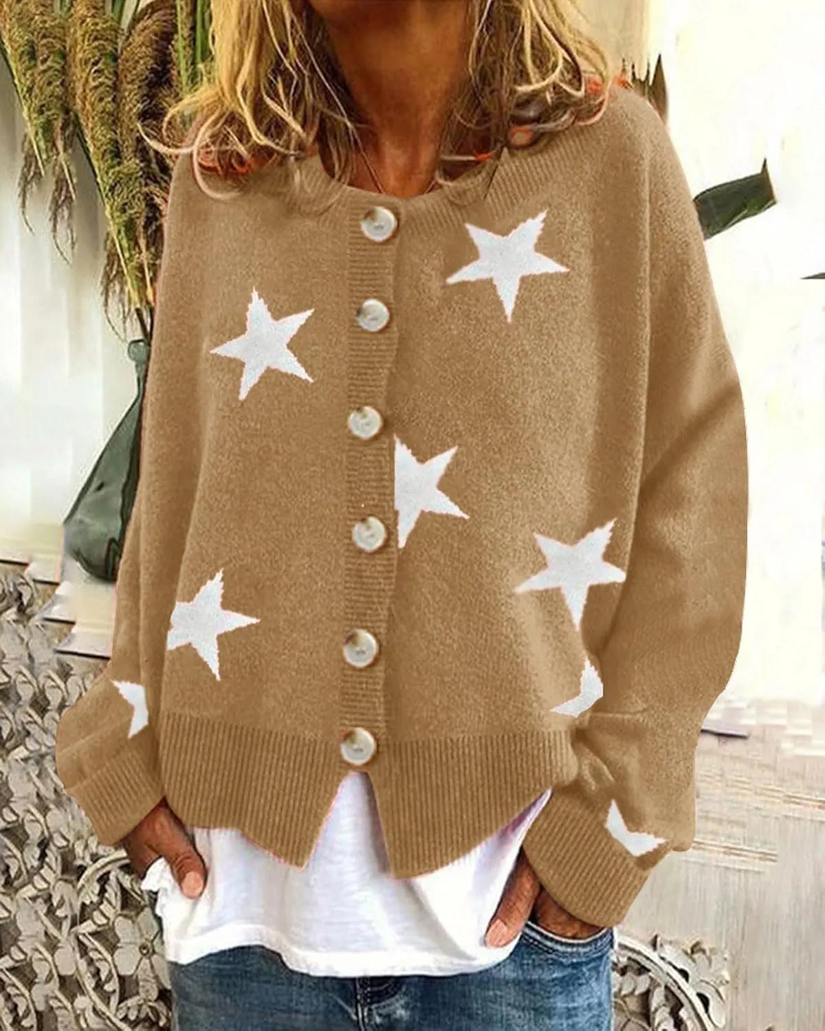 loveimgs Women Color Block Button Down Star Sweater Chunky Knit Sweater Cardigan Fall Jacket Knitted Crop Cardigan