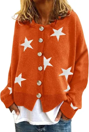 loveimgs Women Color Block Button Down Star Sweater Chunky Knit Sweater Cardigan Fall Jacket Knitted Crop Cardigan
