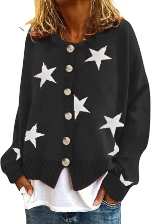 loveimgs Women Color Block Button Down Star Sweater Chunky Knit Sweater Cardigan Fall Jacket Knitted Crop Cardigan