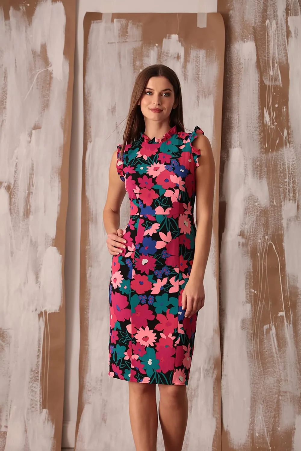 Maggy London Women's Ruffle Neck and Armhole Sheath Dress